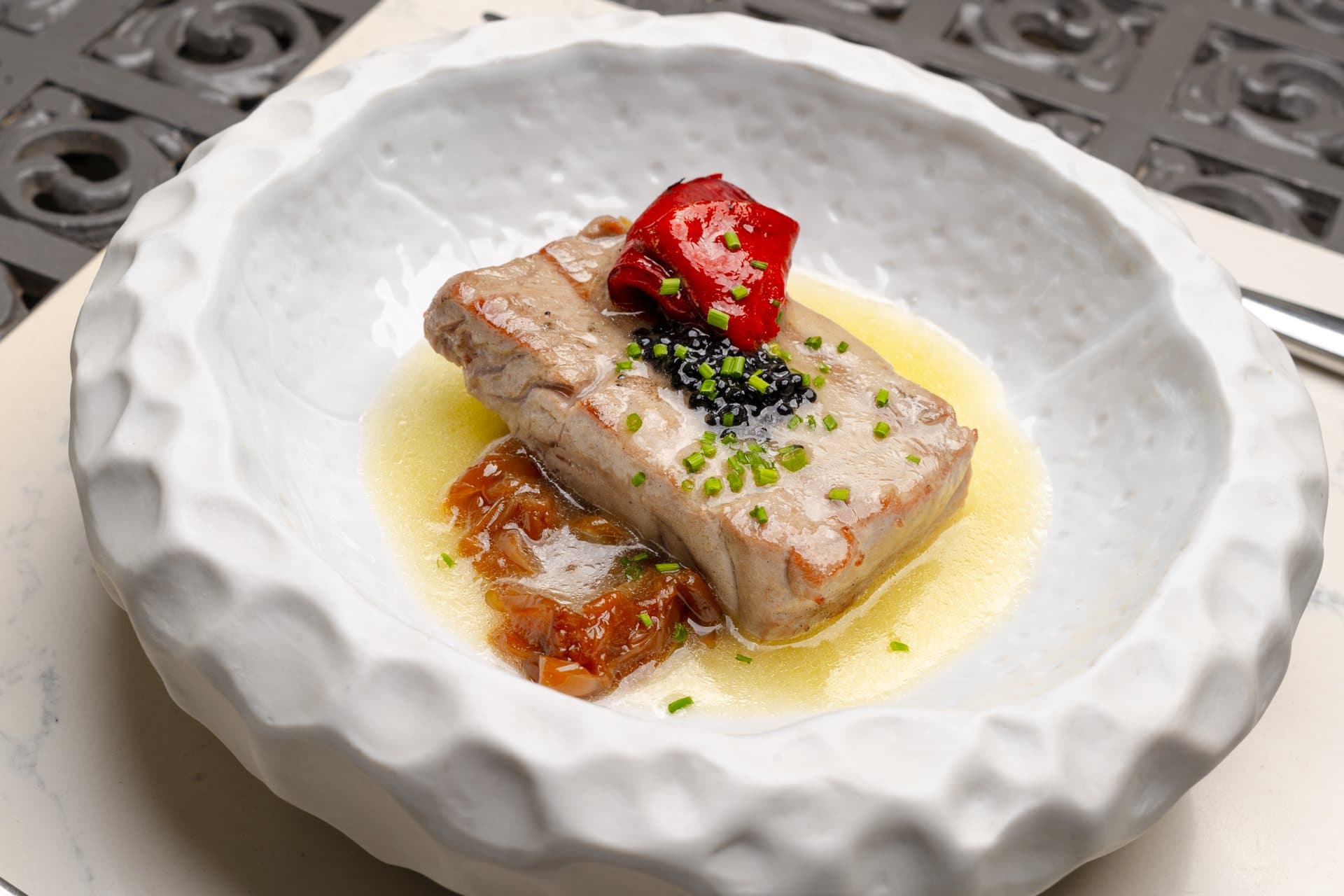 Bluefin tuna with caviar and piquillo pepper, from the ronqueo menu at Àtic